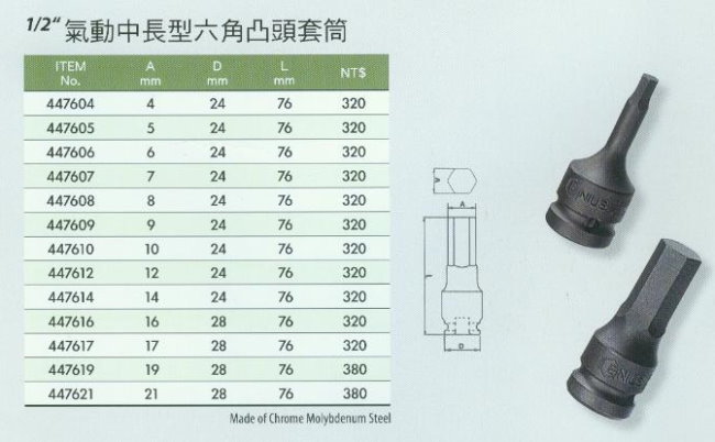 中壢五金,桃園五金,五金批發,五金行,手工具類,氣動中長型六角凸頭套筒