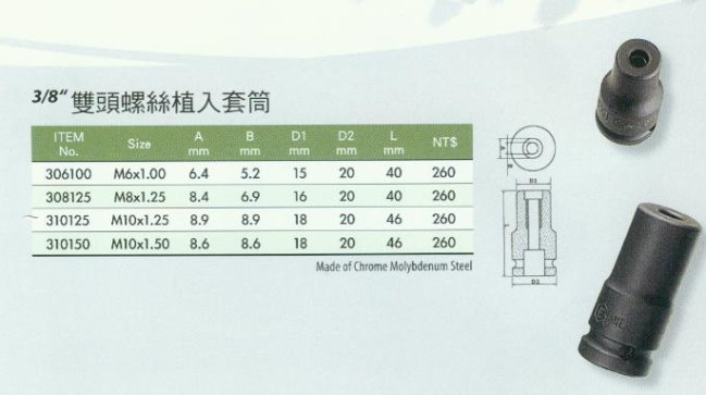 中壢五金,桃園五金,五金批發,五金行,手工具類,3/8''雙頭螺絲植入套筒