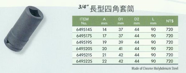 中壢五金,桃園五金,五金批發,五金行,手工具類,3/4''長型四角套筒