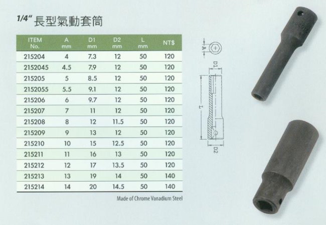 中壢五金,桃園五金,五金批發,五金行,手工具類,1/4''長型氣動套筒