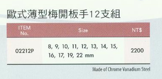 中壢五金,桃園五金,五金批發,五金行,手工具類,歐式薄型梅開板手12支組