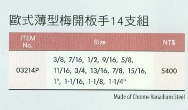 中壢五金,桃園五金,五金批發,五金行,手工具類,歐式薄型梅開板手14支組