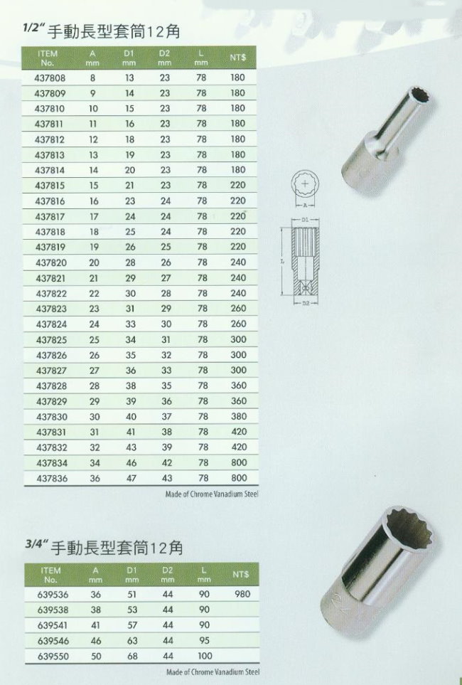 中壢五金,桃園五金,五金批發,五金行,手工具類,1/2''手動長型套筒12角