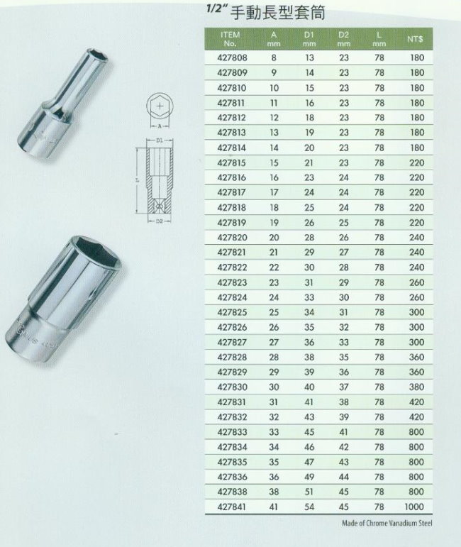 中壢五金,桃園五金,五金批發,五金行,手工具類,1/2''手動長型套筒