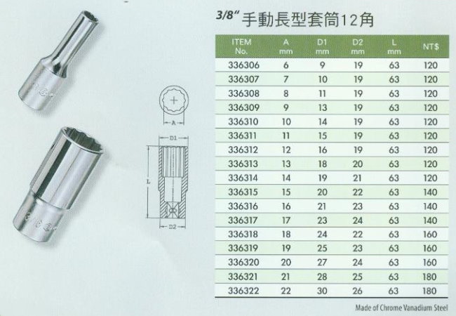 中壢五金,桃園五金,五金批發,五金行,手工具類,3/8''手動長型套筒12角